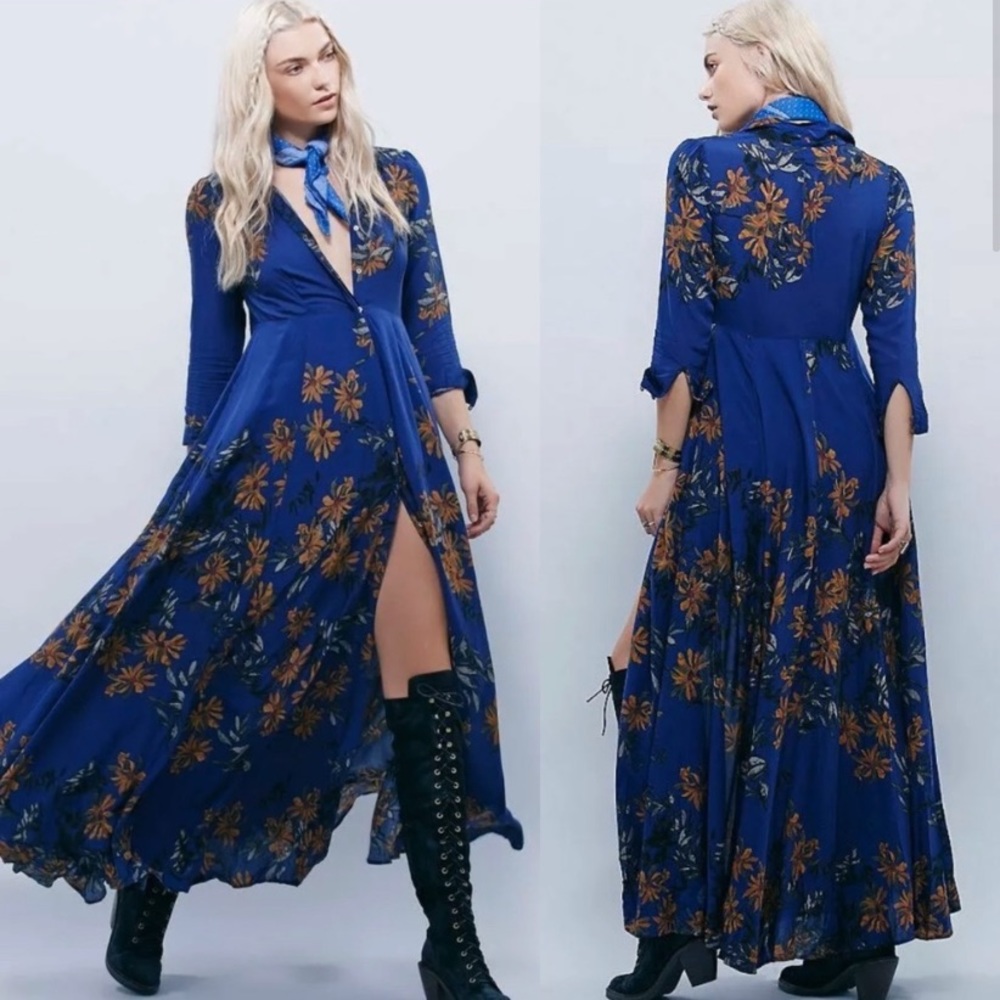Free People After The Storm Maxi Dress Button Up In Marine Combo (Blue Gold)